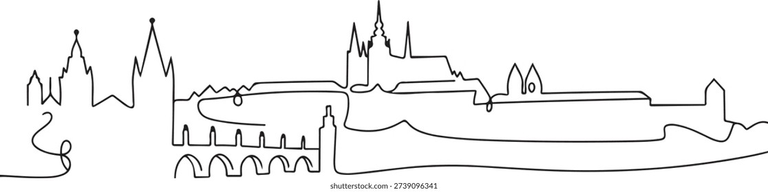 One continuous line drawing of Prague city skyline, Czech Republic. Beautiful landmark. World landscape tourism and travel vacation. one line Icon drawing

