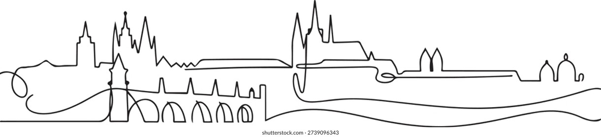 One continuous line drawing of Prague city skyline, Czech Republic. Beautiful landmark. World landscape tourism and travel vacation. one line Icon drawing
