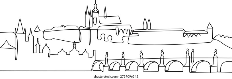 One continuous line drawing of Prague city skyline, Czech Republic. Beautiful landmark. World landscape tourism and travel vacation. one line Icon drawing
