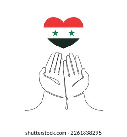 One continuous line drawing of praying hands and the flag of Syria.