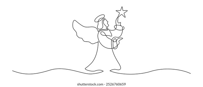 One continuous line drawing of praying angel. Christmas cherub and astrology horoscope symbol in simple linear style. Elegance logo editable stroke. Doodle monoline vector illustration