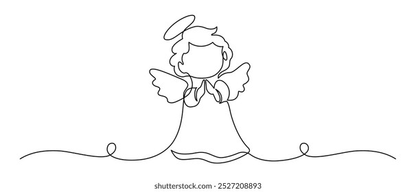 One continuous line drawing of praying angel. Christmas cherub and astrology horoscope symbol in simple linear style. Elegance logo editable stroke. Doodle vector illustration