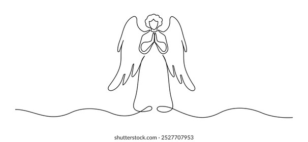 One continuous line drawing of praying angel. Christmas cherub and astrology horoscope symbol in simple linear style. Elegance logo editable stroke. Doodle outline vector illustration