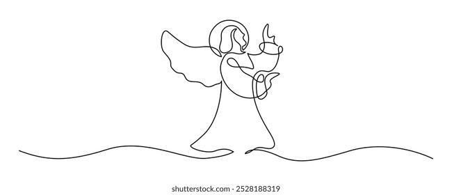 One continuous line drawing of praying angel. Christmas cherub and astrology horoscope symbol in simple linear style. Elegance logo editable stroke. Doodle vector illustration