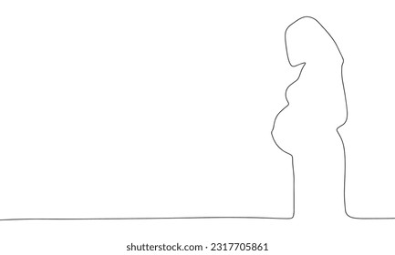 One Continuous line drawing of pregnant woman. Thin curls and romantic symbols in simple linear style. Minimalistic Doodle vector illustration