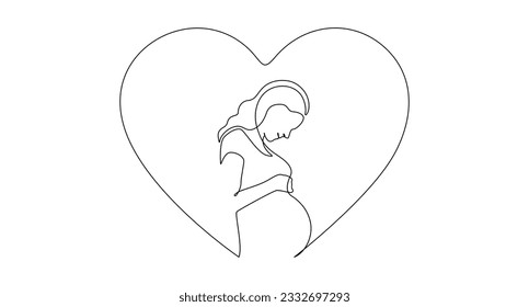 One continuous line drawing of pregnant woman in heart. Healthy pregnancy and birth baby symbol in simple linear style. Happy motherhood in editable stroke. Doodle outline vector illustration