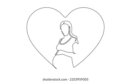 One continuous line drawing of pregnant woman with belly in heart. Healthy pregnancy and birth baby symbol in simple linear style. Editable stroke. Doodle outline vector illustration