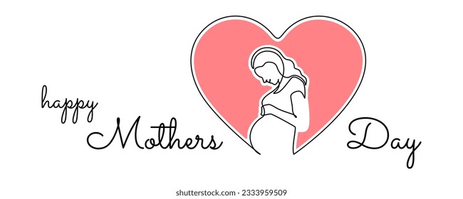 One continuous line drawing of pregnant woman in heart. Healthy pregnancy and birth baby symbol in simple linear style. Greeting card in editable stroke. Doodle outline vector illustration