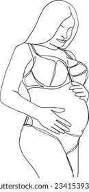  One Continuous Line Drawing of a Pregnant Woman, Mother's Love in One-Line Art, Happy Young Mom Holding Pregnant Belly
