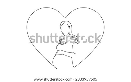 One continuous line drawing of pregnant woman with belly in heart. Healthy pregnancy and birth baby symbol in simple linear style. Editable stroke. Doodle outline vector illustration