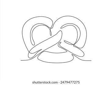 One continuous line drawing of pretzel for logo. Hand drawn line art doodle german street food salty snack bread, simple black sketch bakery concept. Vector illustration