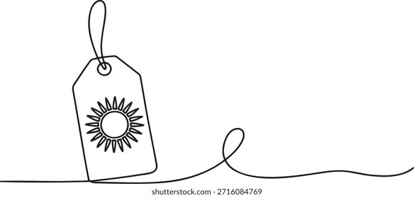 Uma etiqueta de preço de desenho de linha contínua com símbolo de sol. Marketing e promoção conceito de venda de verão. Elemento de design de loja de varejo comercial para faixa de desconto sazonal. Ilustração de vetor de design gráfico.