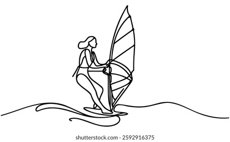 One continuous line drawing of professional girl surfer in action riding waves on blue ocean.