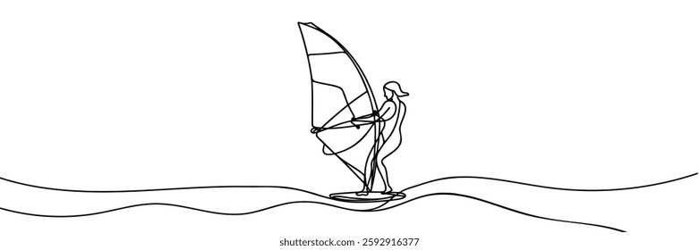 One continuous line drawing of professional girl surfer in action riding waves on blue ocean.