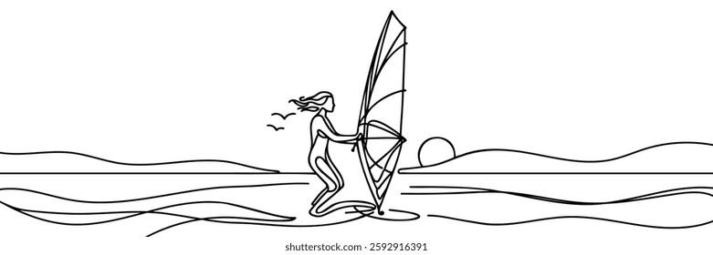 One continuous line drawing of professional girl surfer in action riding waves on blue ocean.