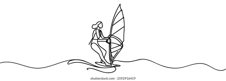 One continuous line drawing of professional girl surfer in action riding waves on blue ocean.
