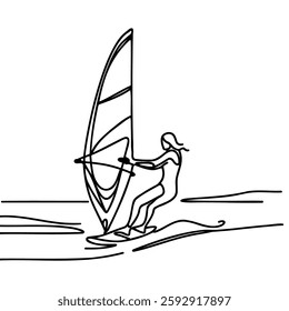 One continuous line drawing of professional girl surfer in action riding waves on blue ocean
