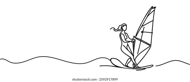 One continuous line drawing of professional girl surfer in action riding waves on blue ocean
