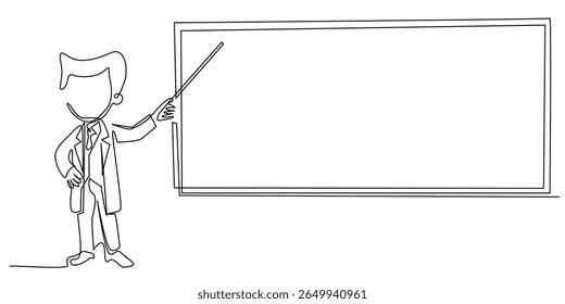 one continuous line drawing of professor pointing at blank board.single line sign of science,education.line art eps 10