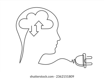 One continuous line drawing of profile human head with plug connector and cloud. Vector illustration