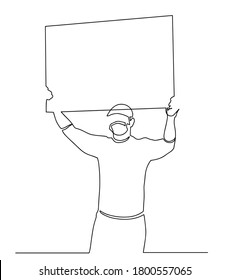 Un contínuo dibujo de una manifestante. Un hombre de pie en una manifestación sosteniendo un rollo de papel en blanco para aspirar su voz. Activistas protestan con caracter de carteles en blanco. Ilustración vectorial. 