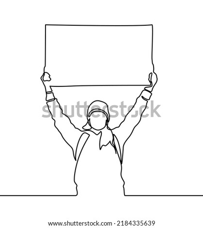 One continuous line drawing of a protester. A standing man in demonstration holding a blank paper roll to aspirate his voice. Activists protest with blank signboard character. Vector illustration.