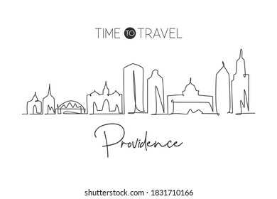 One continuous line drawing Providence city skyline, Rhode Island. Beautiful landmark. World landscape tourism travel home wall decor poster print. Stylish single line draw design vector illustration