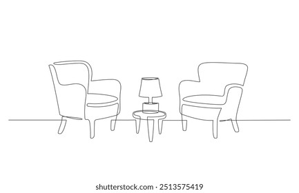 Um desenho de linha contínua do escritório do psicólogo com duas poltronas e uma mesa com uma lâmpada. Ilustração vetorial