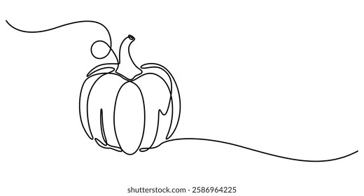 One continuous line drawing of pumpkin fruit illustration. Pumpkin monoline design, Pumpkin Continuous Line Drawing Halloween Autumn Harvest One Line isolated minimalistic trendy style Pro Vector.