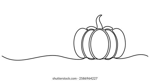 One continuous line drawing of pumpkin fruit illustration. Pumpkin monoline design, Pumpkin Continuous Line Drawing Halloween Autumn Harvest One Line isolated minimalistic trendy style Pro Vector.