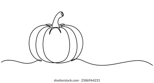 One continuous line drawing of pumpkin fruit illustration. Pumpkin monoline design, Pumpkin Continuous Line Drawing Halloween Autumn Harvest One Line isolated minimalistic trendy style Pro Vector.