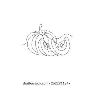 One continuous line drawing of pumpkin fruit vegetable. single line illustration of seasonal fruit concept. editable stroke