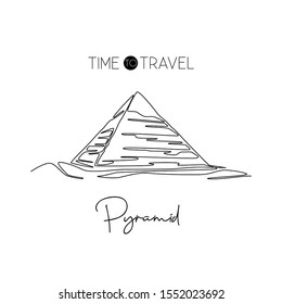 One continuous line drawing Pyramid landmark. Historical tomb iconic place in Giza, Egypt. Holiday vacation home wall decor art poster print concept. Modern single line draw design vector illustration