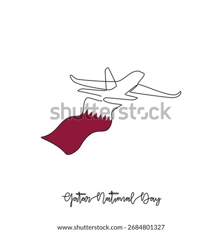 One continuous line drawing of Qatar National Day with airplane and flag illustration. Qatar National Day theme vector design concept in simple linear style. Great design for national holiday campaign