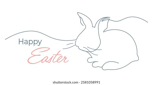 One continuous line drawing of rabbit. Happy Easter banner. Editable stroke, vector illustration
