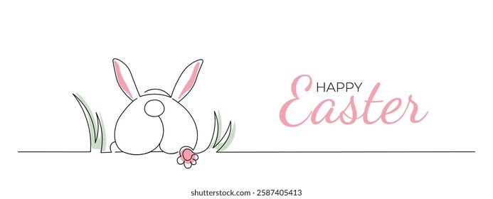 One continuous line drawing of rabbit in grass. Happy Easter banner. Editable stroke, vector illustration