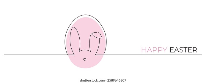 One continuous line drawing of rabbit ears with egg. Happy Easter, minimalist banner. Editable stroke, vector illustration