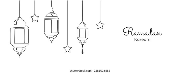 One continuous line drawing of Ramadan kareem. Islamic decoration with lanter and star in simple linear style. muslim religious holiday celebration. Editable stroke. Doodle vector illustration