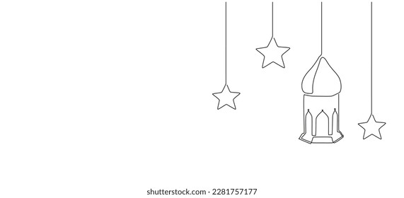 Eine durchgehende Zeichnung von Ramadan Kareem. Islamische Dekoration mit Laternen und Stern im einfachen linearen Stil. Arabische Feiertage. Bearbeitbarer Strich. Doodle-Vektorgrafik