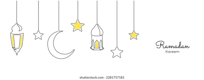 One continuous line drawing of Ramadan kareem. Islamic decoration with lanter, star and moon in simple linear style. muslim religious holiday celebration. Editable stroke. Doodle vector illustration