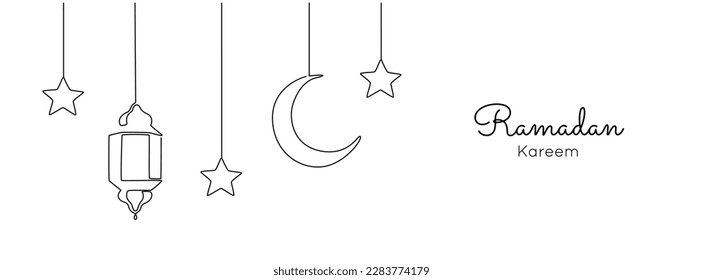 One continuous line drawing of Ramadan kareem. Islamic decoration with lantern, star and moon in simple linear style. Arabic religious holiday celebration. Editable stroke. Doodle vector illustration