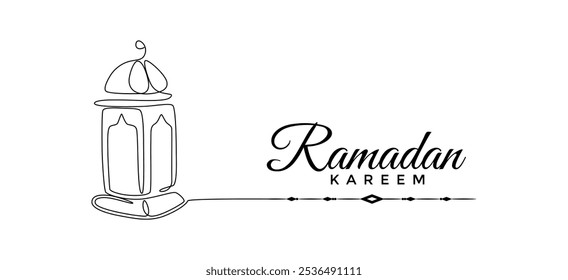 One continuous line drawing of Ramadan kareem. Islamic decoration with lanter and star in simple linear style. Arabic religious holiday celebration. Editable stroke. Doodle vector illustration