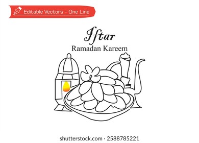 One continuous line drawing of Ramadan Kareem iftar meal. Plate of dates, flower, teapot and lantern. Islamic vector illustration of Iftar Ramadan Kareem, Ramadan Mubarak for celebration greeting card