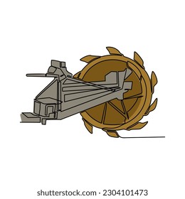 One continuous line drawing of Reclaimer in the site project coal shed. Construction Project design concept with simple linear style. Construction Project vector design illustration concept.