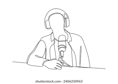 One continuous line drawing of Recording audio podcast or online show concept. Doodle vector illustration in simple linear style.