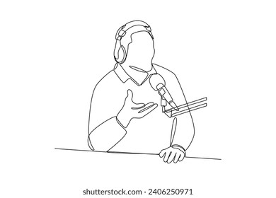 One continuous line drawing of Recording audio podcast or online show concept. Doodle vector illustration in simple linear style.