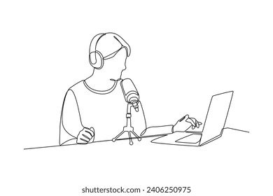 One continuous line drawing of Recording audio podcast or online show concept. Doodle vector illustration in simple linear style.