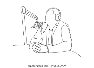 One continuous line drawing of Recording audio podcast or online show concept. Doodle vector illustration in simple linear style.