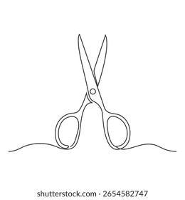 Um desenho de linha contínua de tesouras regulares e tesouras de barbeiro. Desenho de uma linha de tesoura. Ilustração de uma linha de equipamento de corte. Vetor editável.