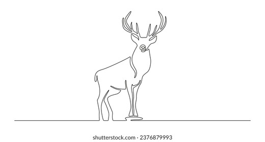 One continuous line drawing of reindeer. Wild animal deer with antlers silhouette for christmas symbol in simple linear style. National park elegance logo editable stroke. Doodle vector illustration